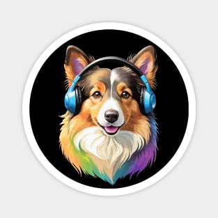 Colorful dog with headphones - Shetland Sheepdog Magnet